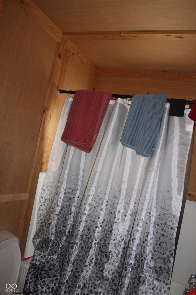 1703 E 34th St, Indianapolis, IN 46218 - bathroom with a shower with curtain and wood ceiling