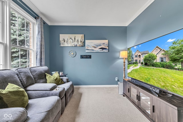 705 Ridge Gate Dr, Brownsburg, IN 46112 - living area with carpet flooring, plenty of natural light, and crown molding