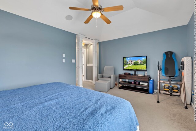 705 Ridge Gate Dr, Brownsburg, IN 46112 - carpeted bedroom with decorative columns, vaulted ceiling, and ceiling fan