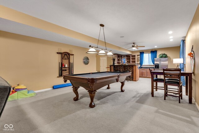 705 Ridge Gate Dr, Brownsburg, IN 46112 - game room with billiards table, light carpet, bar, a ceiling fan, and recessed lighting