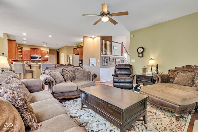 705 Ridge Gate Dr, Brownsburg, IN 46112 - living area with ceiling fan, light wood-type flooring, stairway, and recessed lighting