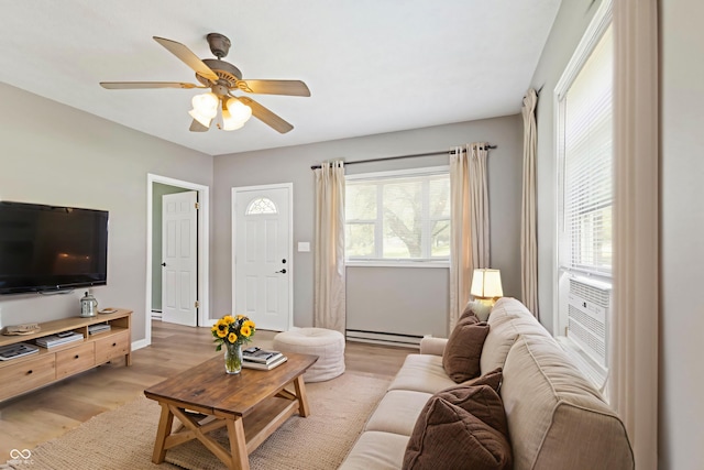 7928 Vontress St, Coatesville, IN 46121 - living room with light wood finished floors, baseboard heating, and ceiling fan