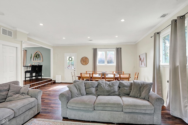 12606 Markay Dr, Fishers, IN 46038 - living room featuring dark wood-style flooring, recessed lighting, and crown molding