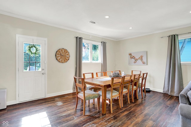 12606 Markay Dr, Fishers, IN 46038 - dining area with dark wood finished floors, crown molding, and recessed lighting