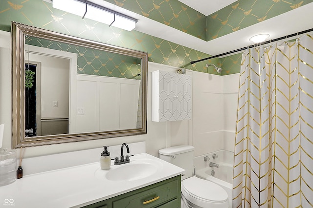 12606 Markay Dr, Fishers, IN 46038 - bathroom with wallpapered walls, vanity, and shower / bath combo with shower curtain