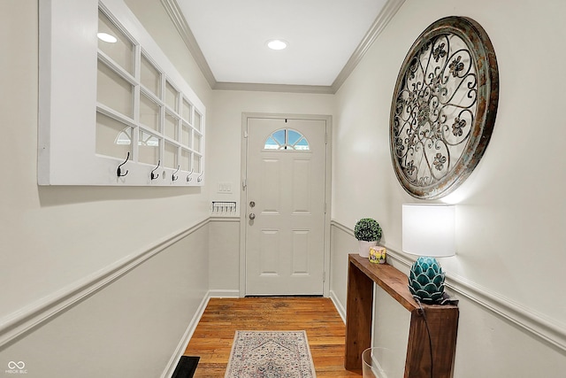 12606 Markay Dr, Fishers, IN 46038 - entryway with light wood-style flooring, crown molding, and recessed lighting