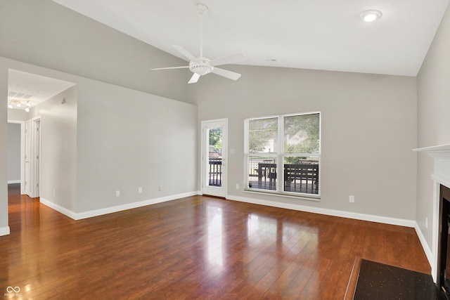 9055 Glass Chimney Ln, Fishers, IN 46037 - unfurnished living room with ceiling fan, high vaulted ceiling, hardwood / wood-style floors, and a fireplace