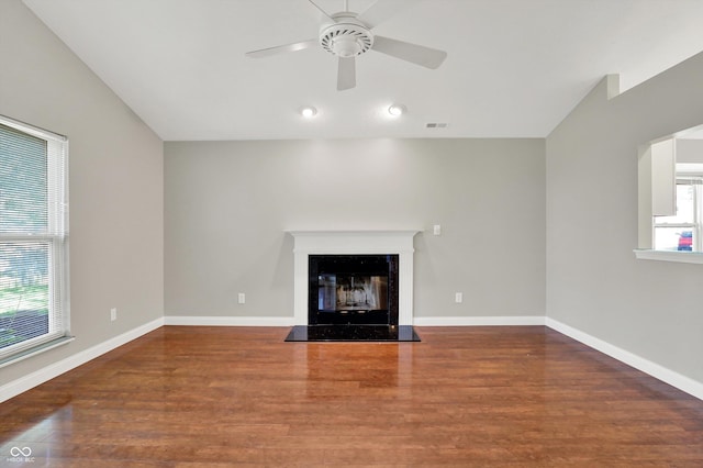 9055 Glass Chimney Ln, Fishers, IN 46037 - unfurnished living room with wood finished floors, ceiling fan, a fireplace, and recessed lighting