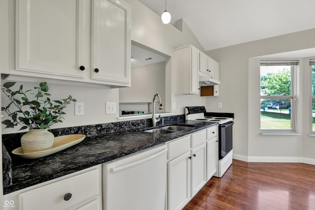 9055 Glass Chimney Ln, Fishers, IN 46037 - kitchen featuring white appliances, under cabinet range hood, dark wood-type flooring, white cabinetry, and lofted ceiling