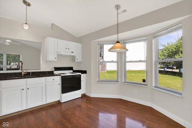 9055 Glass Chimney Ln, Fishers, IN 46037 - kitchen with electric range oven, under cabinet range hood, dark wood finished floors, white cabinetry, and dark countertops