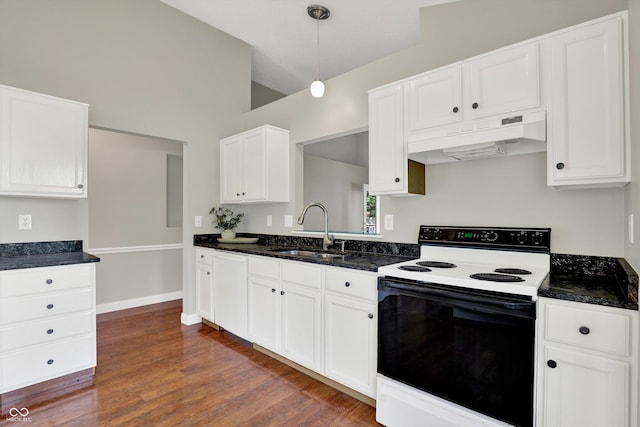 9055 Glass Chimney Ln, Fishers, IN 46037 - kitchen featuring electric range oven, under cabinet range hood, white cabinetry, dark wood-type flooring, and pendant lighting