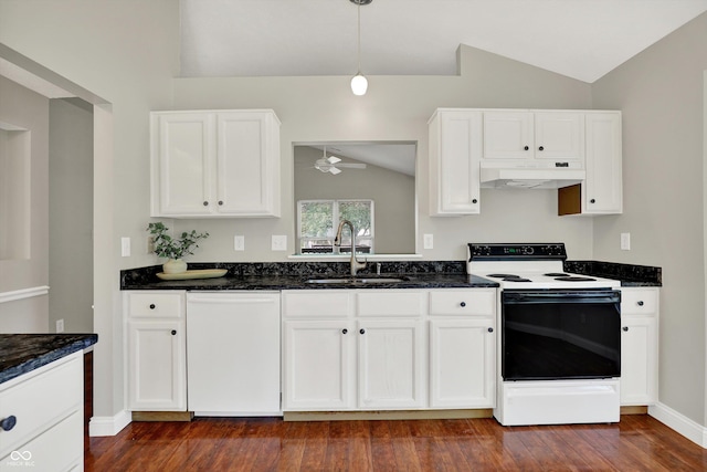 9055 Glass Chimney Ln, Fishers, IN 46037 - kitchen with electric stove, lofted ceiling, white dishwasher, under cabinet range hood, and a ceiling fan