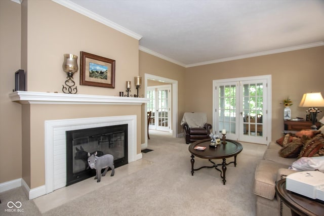 5538 N 700 W, Mccordsville, IN 46055 - living area featuring crown molding, light carpet, and a fireplace with flush hearth
