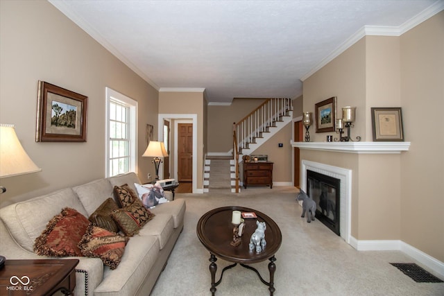 5538 N 700 W, Mccordsville, IN 46055 - carpeted living room with stairway, crown molding, and a glass covered fireplace