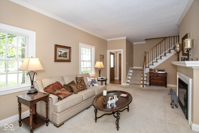 5538 N 700 W, Mccordsville, IN 46055 - living room featuring healthy amount of natural light, ornamental molding, stairway, carpet, and a fireplace with flush hearth