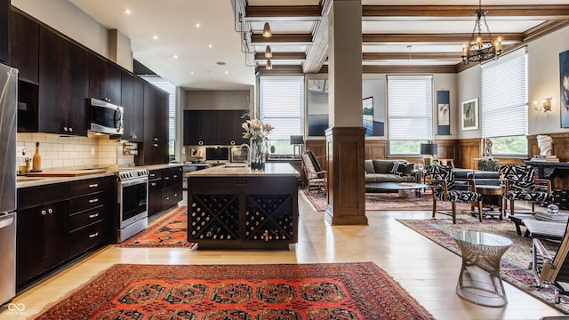 3959 Central Ave, Indianapolis, IN 46205 - kitchen featuring stainless steel appliances, light wood finished floors, light countertops, open floor plan, and wainscoting