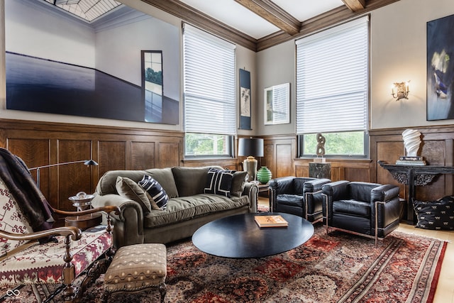 3959 Central Ave, Indianapolis, IN 46205 - living room featuring wainscoting, beamed ceiling, ornamental molding, and coffered ceiling