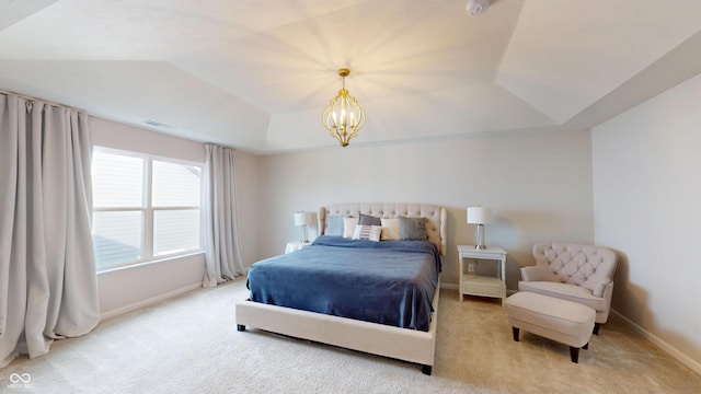 16551 Branham Dr, Fishers, IN 46040 - bedroom featuring a tray ceiling, carpet floors, lofted ceiling, and a chandelier