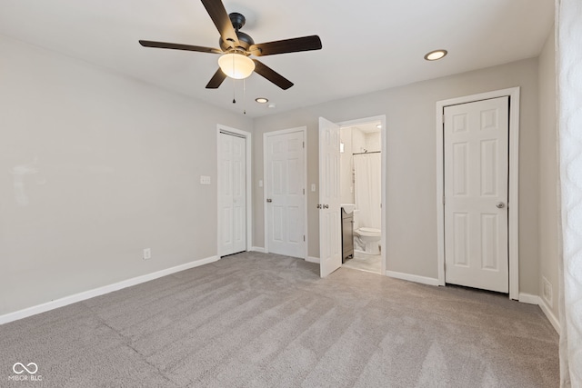 953 E 34th St, Indianapolis, IN 46205 - unfurnished bedroom featuring carpet floors, recessed lighting, connected bathroom, and a ceiling fan