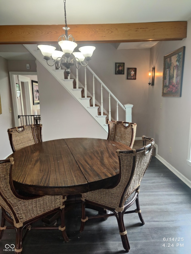 121 N Main St, Pendleton, IN 46064 - dining space with a chandelier, beamed ceiling, wood finished floors, and stairs