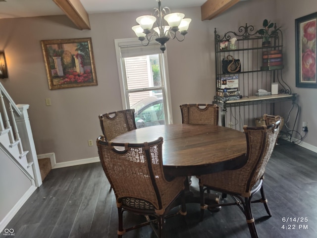 121 N Main St, Pendleton, IN 46064 - dining space featuring beam ceiling, dark wood-style flooring, a chandelier, and stairs