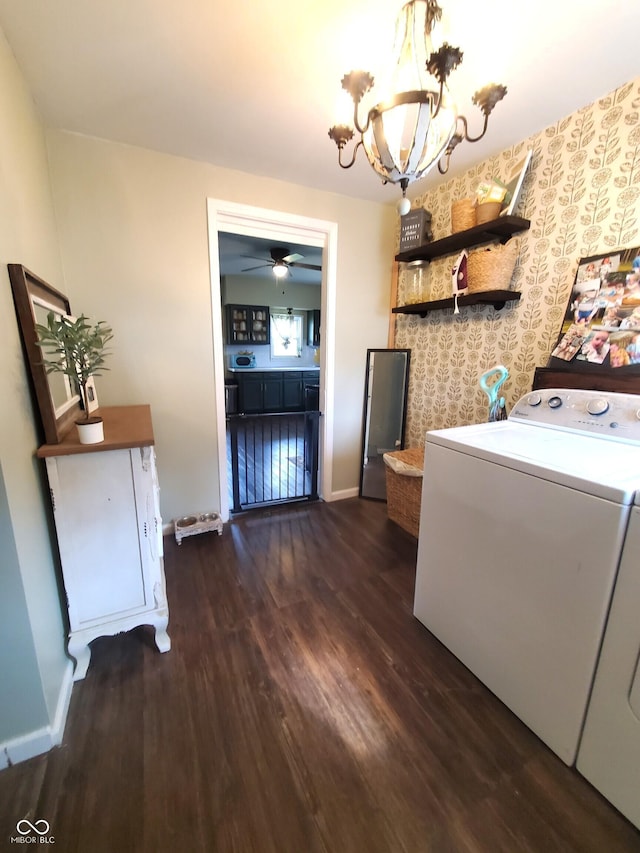 702 W Cross St, Brownstown, IN 47220 - laundry area featuring washer / clothes dryer, dark wood-style floors, a chandelier, and ceiling fan