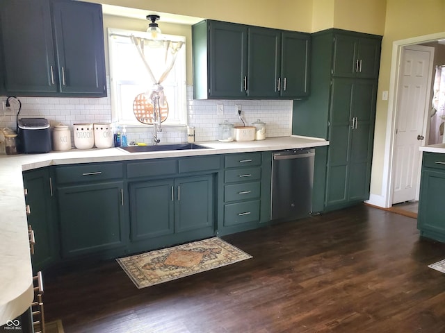 702 W Cross St, Brownstown, IN 47220 - kitchen with dishwasher, dark wood-style flooring, light countertops, and backsplash