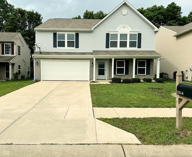 3314 Montgomery Dr, Indianapolis, IN 46227 - traditional home with a garage, brick siding, driveway, a front yard, and roof with shingles