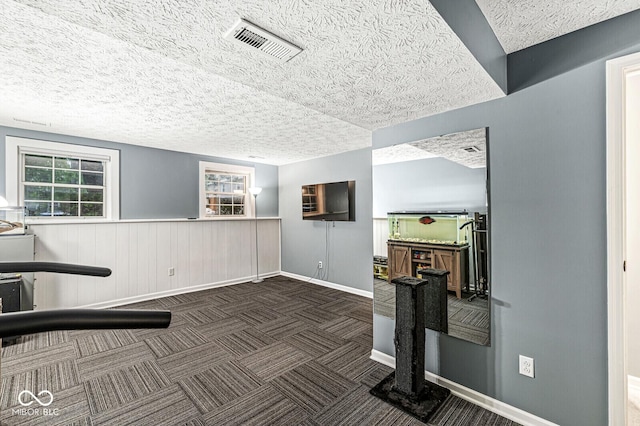 7616 Concord Ln, Fishers, IN 46038 - workout room with a textured ceiling, carpet flooring, and a wainscoted wall