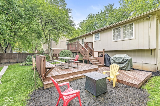 7616 Concord Ln, Fishers, IN 46038 - wooden terrace featuring stairway, area for grilling, and a fire pit
