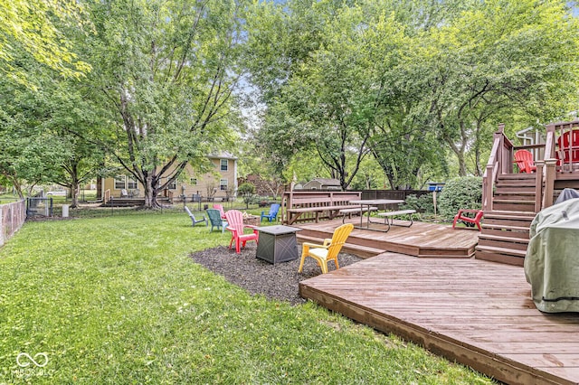 7616 Concord Ln, Fishers, IN 46038 - fenced backyard featuring a deck, stairs, and an outdoor fire pit