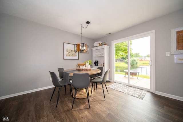 4238 Victory Ct, Indianapolis, IN 46203 - dining space featuring wood finished floors, a chandelier, and a water view