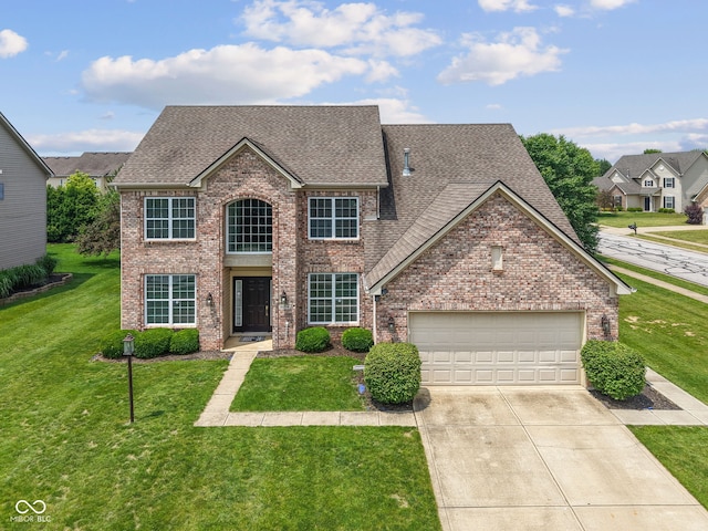 2078 Seneca Ln, Plainfield, IN 46168 - traditional home featuring brick siding, concrete driveway, roof with shingles, and a front lawn