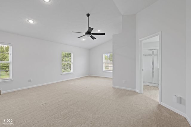 2078 Seneca Ln, Plainfield, IN 46168 - spare room featuring light carpet, a ceiling fan, recessed lighting, and lofted ceiling