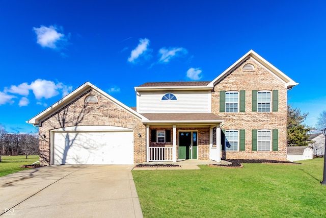 413 Youngs Creek Ct, Franklin, IN 46131 - view of front facade featuring concrete driveway, an attached garage, a front yard, brick siding, and a porch