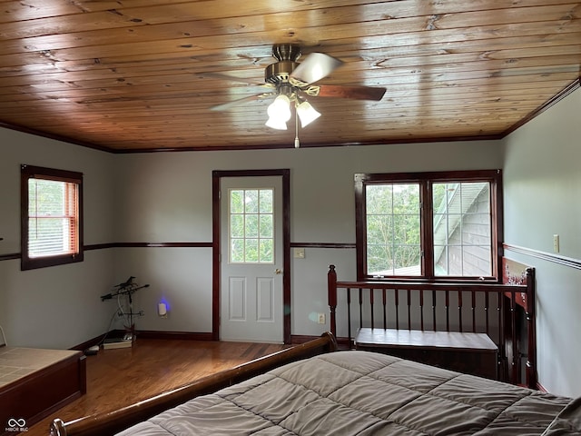 14380 N 300 E, Covington, IN 47932 - bedroom featuring wooden ceiling, wood finished floors, a ceiling fan, and ornamental molding