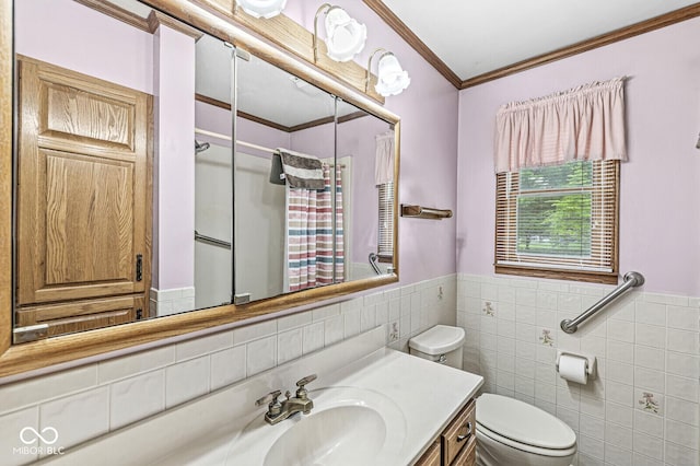 4010 S Bazil Ave, Indianapolis, IN 46239 - full bathroom with crown molding, a shower with curtain, vanity, tile walls, and a wainscoted wall