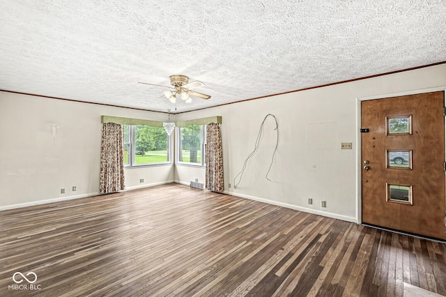 4010 S Bazil Ave, Indianapolis, IN 46239 - unfurnished living room featuring hardwood / wood-style flooring, a textured ceiling, ceiling fan, and ornamental molding