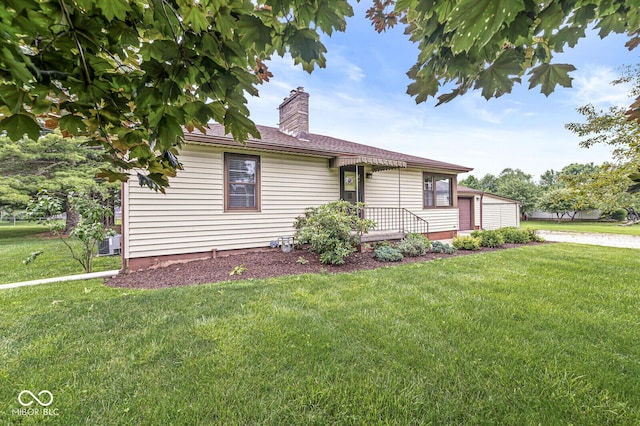 4010 S Bazil Ave, Indianapolis, IN 46239 - single story home with a chimney, a front lawn, and roof with shingles