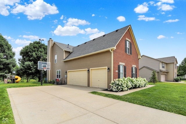 13191 Roma, Carmel, IN 46074 - view of side of home with a yard, a shingled roof, driveway, and a chimney