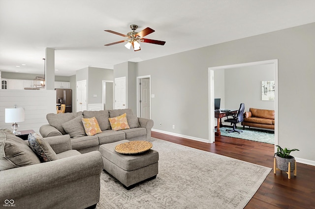 13191 Roma, Carmel, IN 46074 - living room with a ceiling fan, dark wood-style floors, and a desk
