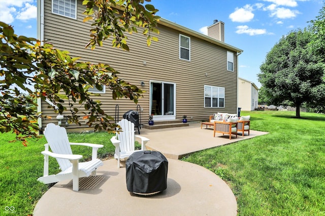 13191 Roma, Carmel, IN 46074 - rear view of house featuring a patio area, a chimney, and a yard