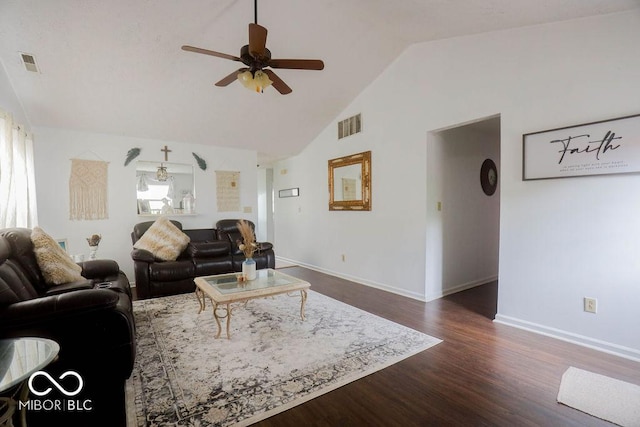 982 Ramsgate Rd, Greenwood, IN 46143 - living room featuring ceiling fan, dark wood-type flooring, and high vaulted ceiling