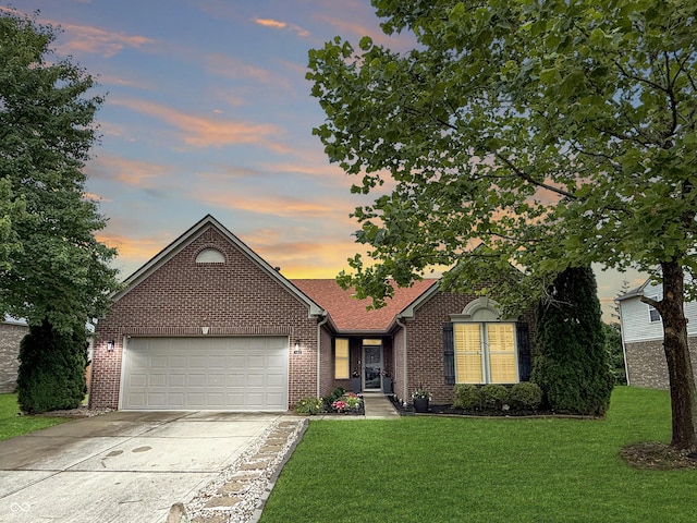 9302 N Bayland Dr, Mccordsville, IN 46055 - view of front of home featuring concrete driveway, a garage, a front lawn, and brick siding