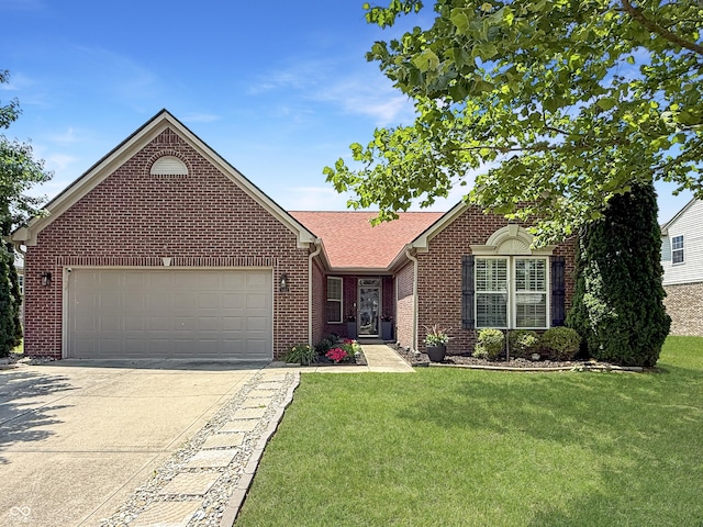 9302 N Bayland Dr, Mccordsville, IN 46055 - ranch-style home featuring brick siding, driveway, a garage, and a front yard