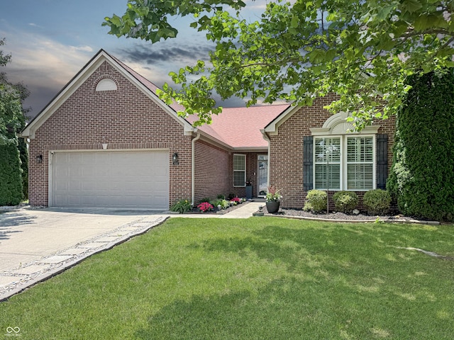 9302 N Bayland Dr, Mccordsville, IN 46055 - view of front facade with brick siding, an attached garage, a front yard, and driveway
