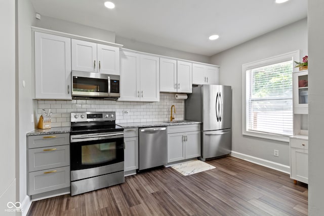 3045 Ruckle St, Indianapolis, IN 46205 - kitchen with appliances with stainless steel finishes, decorative backsplash, dark wood-style floors, light stone countertops, and recessed lighting