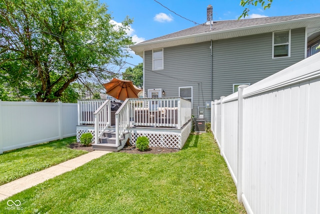 3045 Ruckle St, Indianapolis, IN 46205 - rear view of property featuring a fenced backyard, a deck, and a shingled roof