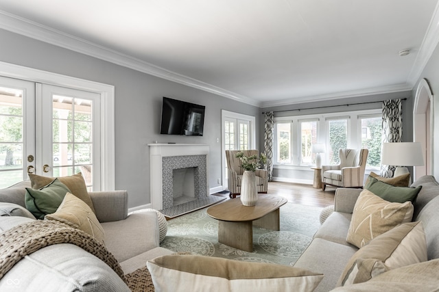 5760 Central Ave N, Indianapolis, IN 46220 - living area with french doors, ornamental molding, wood finished floors, and a high end fireplace