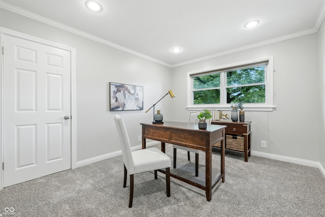 5205 Staughton Dr, Indianapolis, IN 46226 - home office with light colored carpet, crown molding, and recessed lighting